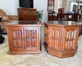Ricardo Lynn 1970's Pair End Tables with Green Marble Inlay Tops $300
