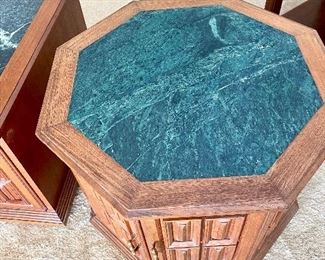 Ricardo Lynn 1970's Pair End Tables with Green Marble Inlay Tops $300