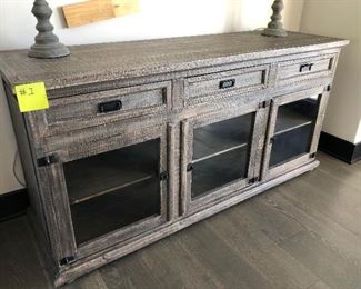 #1) - $300  Distressed Console with 3 Drawers and 3 Cabinets with Glass Doors.  67w x 21d x 33h.   This item may not be picked up until Wednesday, Oct 14 between 3:00 and 7:00 p.m.