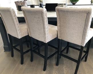 #10) - $300 -Set of 3 Upholstered Barstools with Nailhead Trim.  29 inch seat height.