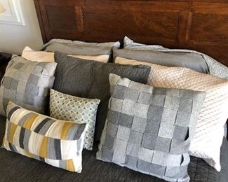 #121)  $140 - Queen Bedding.  Includes Queen Sheet set, Gray Quilt, Yellow Blanket, 4 Bed Pillows, 3 Shams with Pillows, 4 Decorator Pillows.  