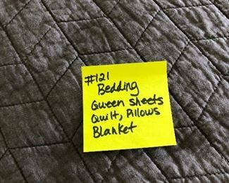 #121)  $140 - Queen Bedding.  Includes Queen Sheet set, Gray Quilt, Yellow Blanket, 4 Bed Pillows, 3 Shams with Pillows, 4 Decorator Pillows.  