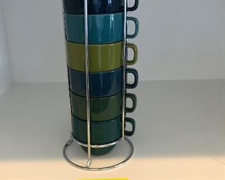 #167) $20 - Set of 6 Coffee Mugs and Metal Holder.