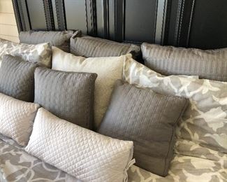 #197) $160 - Set of King Bedding.  Set Includes King Sheets, Duvet with Down Comforter, Gray Coverlet, 5 Accent Pillow (3 Gray and 2 White), 4 Square Sham Pillows, and 2 Regular Sham Pillows, 2 Bed Pillows.