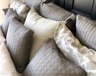 #197) $160 - Set of King Bedding.  Set Includes King Sheets, Duvet with Down Comforter, Gray Coverlet, 5 Accent Pillow (3 Gray and 2 White), 4 Square Sham Pillows, and 2 Regular Sham Pillows, 2 Bed Pillows.