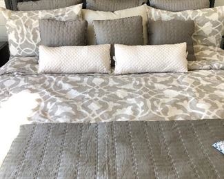 #197) $160 - Set of King Bedding.  Set Includes King Sheets, Duvet with Down Comforter, Gray Coverlet, 5 Accent Pillow (3 Gray and 2 White), 4 Square Sham Pillows, and 2 Regular Sham Pillows, 2 Bed Pillows.
