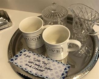 #201) $10 - Silver Tray with 2 Mugs and Glass Cream and Sugar.  