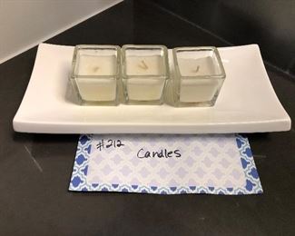 #212) $8 - Set of 3 Candles on Ceramic Dish.