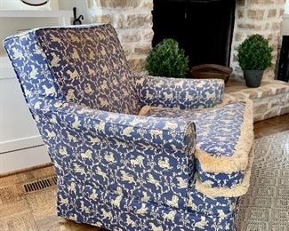 $250 Pair of club chairs- slipcovered with such a great print with fringe edging. These need LOVE and have condition issues but so cute!