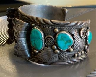 Vintage Native American Sterling Silver Turquoise Watch Cuff	1.5in W  sz approx 7	