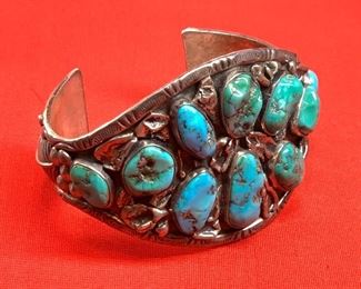 *Signed* Native American Vintage Turquoise Sterling Silver Cuff Navajo	47.5mm thick Sz: 6.5in
