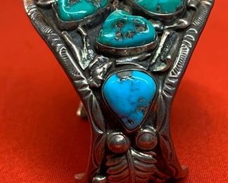 *Signed* Native American Vintage 3 stone Turquoise Sterling Silver Cuff Navajo	2in Thick SZ 6.5in