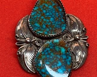 *Signed* Native American Sterling Silver Turquoise Clip Pendant 2 stone Feathers	2in x 1.375in