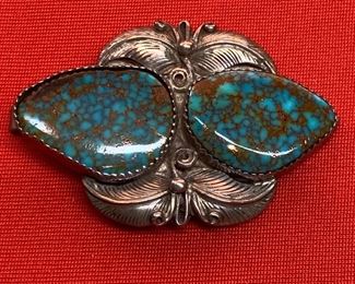 *Signed* Native American Sterling Silver Turquoise Clip Pendant 2 stone Feathers	2in x 1.375in