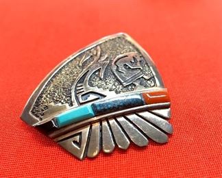 *Signed* Navajo Earrings Alvin Lula Begay Sterling Silver Turquoise, Coral	1.75x1.5in
