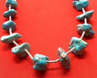 Vintage Native American Chunky Turquoise Necklace Heishi	14in Hang 29in total length
