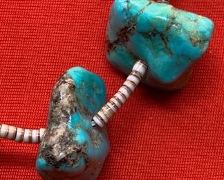 Vintage Native American Chunky Turquoise Necklace Heishi	14in Hang 29in total length