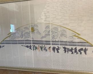 Vintage MCM Asian Silk Print Framed 27x43x1.5in HxWxD