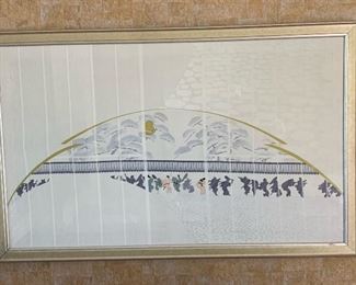 Vintage MCM Asian Silk Print Framed 27x43x1.5in HxWxD