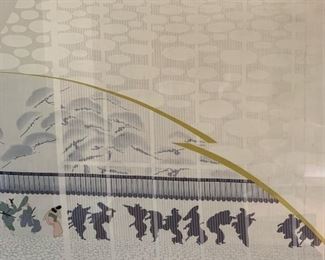 Vintage MCM Asian Silk Print Framed 27x43x1.5in HxWxD