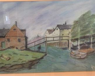*Original* Art Pastel Sm Boat at Dock 18x24x.5in HxWxD