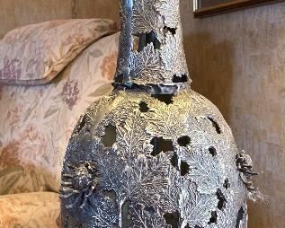 Vintage Leaf & Flower Metal Lamp Artist made 42in H x25in diameter
