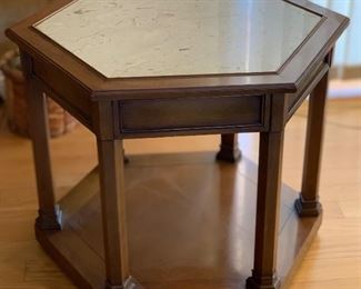 Vintage Walnut & Stone Polygon End Table 21x24x27in HxWxD