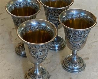 4pc Hazorfim 800 Silver 4.25in Judaica Kiddush Cup w/ Grape Border 4.25in H x 2.5in Diameter at top 152 grams of 800 silver