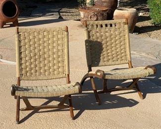2pc MCM Danish Modern Hans Werner Style Rope Folding Chairs (Yugoslavia) 31x24x28in