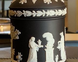 Wedgwood Jasperware Black Basalt Lidded Container Tobacco Jar 4.5in H x 3.25in Diameter at base