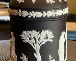 Wedgwood Jasperware Black Basalt Lidded Container Tobacco Jar 4.5in H x 3.25in Diameter at base