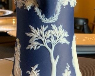 Wedgwood Jasperware Dark Blue 6.5in Chocolate Pot Sterling Rim 6.25x5x4in