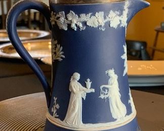 Wedgwood Jasperware Dark Blue 6.5in Chocolate Pot Sterling Rim 6.25x5x4in
