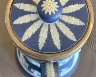 Wedgwood Jasperware Dark Blue 6.5in Chocolate Pot Sterling Rim 6.25x5x4in