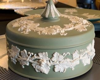 Wedgwood Jasperware Sage Green Grapevine Round Lidded box 4in H x 5in Diameter