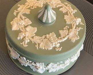 Wedgwood Jasperware Sage Green Grapevine Round Lidded box 4in H x 5in Diameter