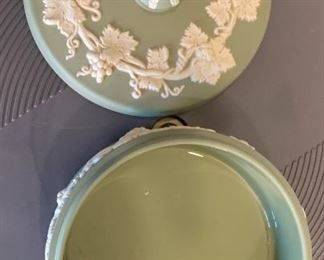 Wedgwood Jasperware Sage Green Grapevine Round Lidded box 4in H x 5in Diameter