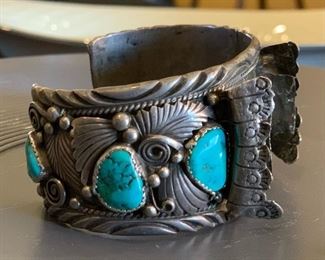 Vintage Native American Sterling Silver Turquoise Watch Cuff 1.5in W sz approx 7