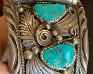 Vintage Native American Sterling Silver Turquoise Watch Cuff 1.5in W sz approx 7