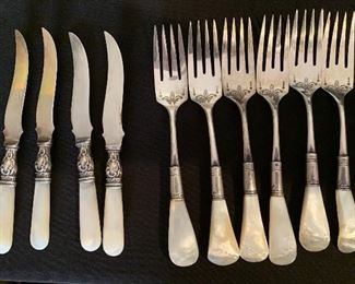 10pc Antique Mother of Pearl Fork & Knife Set Sterling Forks: 6.75 Knives: 6.25in