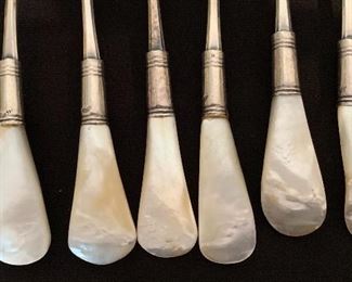 10pc Antique Mother of Pearl Fork & Knife Set Sterling Forks: 6.75 Knives: 6.25in