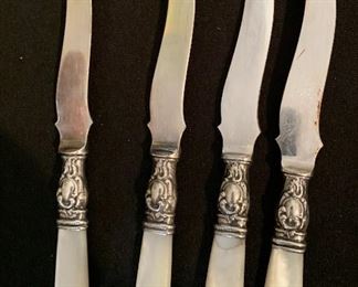 10pc Antique Mother of Pearl Fork & Knife Set Sterling Forks: 6.75 Knives: 6.25in