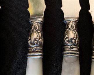 10pc Antique Mother of Pearl Fork & Knife Set Sterling Forks: 6.75 Knives: 6.25in