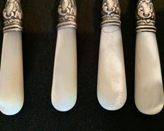 10pc Antique Mother of Pearl Fork & Knife Set Sterling Forks: 6.75 Knives: 6.25in
