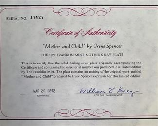 Franklin Mint Sterling Silver 1972 Mothers Day Plate Irene Spencer Mother & child 8in Diameter Plate 197 g sterling