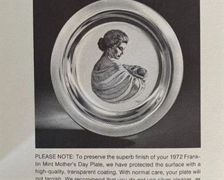 Franklin Mint Sterling Silver 1972 Mothers Day Plate Irene Spencer Mother & child 8in Diameter Plate 197 g sterling