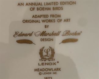 Lenox Medowlark 1973 Collectors plate 10.75in