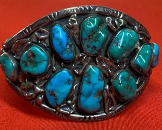 *Signed* Native American Vintage Turquoise Sterling Silver Cuff Navajo 47.5mm thick Sz: 6.5in