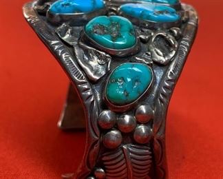 *Signed* Native American Vintage Turquoise Sterling Silver Cuff Navajo 47.5mm thick Sz: 6.5in