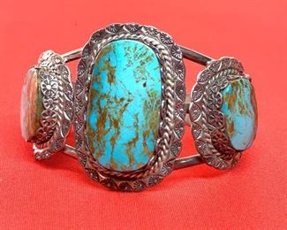 *Signed* Native American Vintage 3 stone Turquoise Sterling Silver Cuff Navajo 2in Thick SZ 6.5in